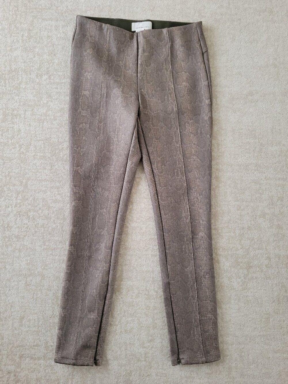 Anthropologie Metallic Snake Print Leggings 27 Olive Tan Seam Ankle Zip Pants